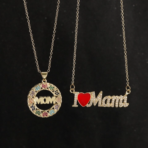 Mother's Day Copper Mom Mama Letter Pendant Gold Plated Colorful Rhinestone Heart Charm For Necklace DIY Jewelry Accessories