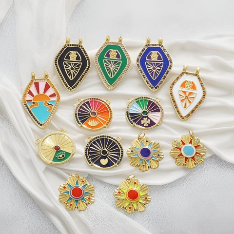 Vintage 18K Gold Plated Copper Enamel Zirconia Pendants For DIY Jewelry Making Hamsa Hand Evil Eye Sun Star Shield Charms
