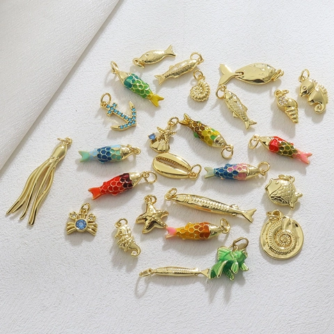 Gold Plated Copper Colorful Enamel Fish Seahorse Starfish Pendants Ocean Animal Charms For DIY Necklace Bracelet Making