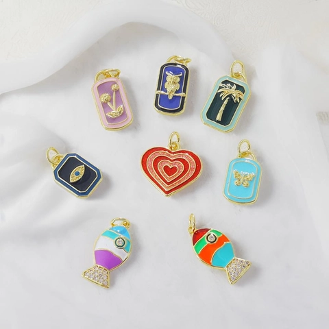 18K Gold Plated Copper Enamel Castle Palm Tree Owl Heart Fish Evil Eye Pendants For DIY Jewelry Making Necklaces Accessories