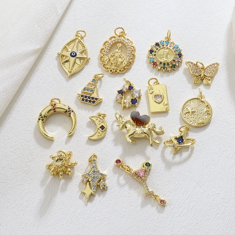 Gold Plated Copper Zircon Pendant Charms Octopus Star Evil Eye Sailboat Poker Butterfly Unicorn For Jewelry Making Diy