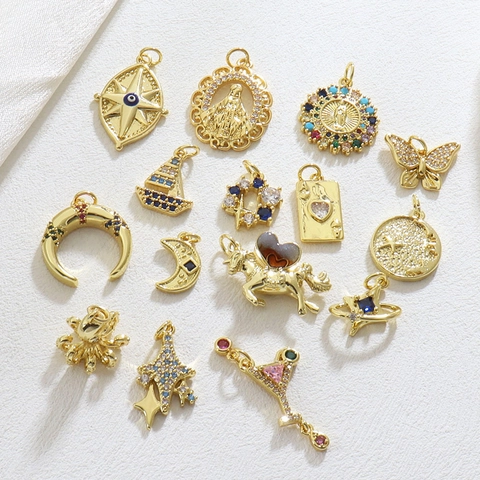 Gold Plated Copper Zircon Pendant Charms Octopus Star Evil Eye Sailboat Poker Butterfly Unicorn For Jewelry Making Diy