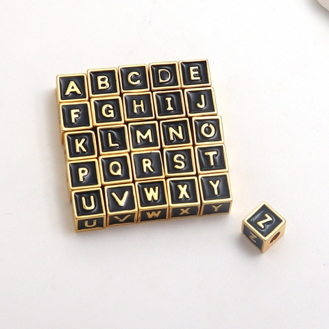 Copper Alphabet Letter Cube Beads For DIY Jewelry Making Square Black Enamel Metal Beads For Bracelet Necklace Making