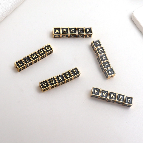 Copper Alphabet Letter Cube Beads For DIY Jewelry Making Square Black Enamel Metal Beads For Bracelet Necklace Making