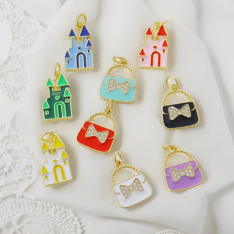 18K Gold Plated Copper Enamel Castle Handbag Pendants DIY Jewelry Making Rhinestone Bow Bag Charms For Necklace Bracelet Women