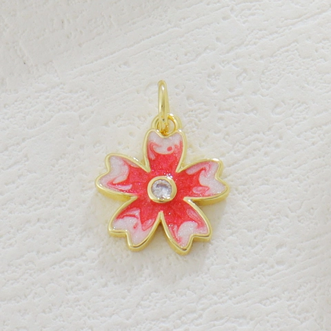 Copper Sakura Flower Pendant Charm With Rhinestone Enamel Drip Oil For DIY Necklace Bracelet Jewelry Making Women