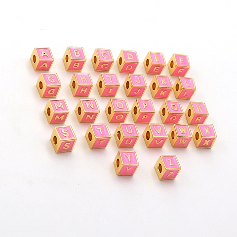 Pink Enamel Alphabet Cube Beads Copper 18K Gold Plated 26 Letters Square Spacer Beads For DIY Bracelet Necklace Jewelry Making