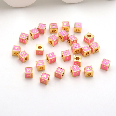 Pink Enamel Alphabet Cube Beads Copper 18K Gold Plated 26 Letters Square Spacer Beads For DIY Bracelet Necklace Jewelry Making