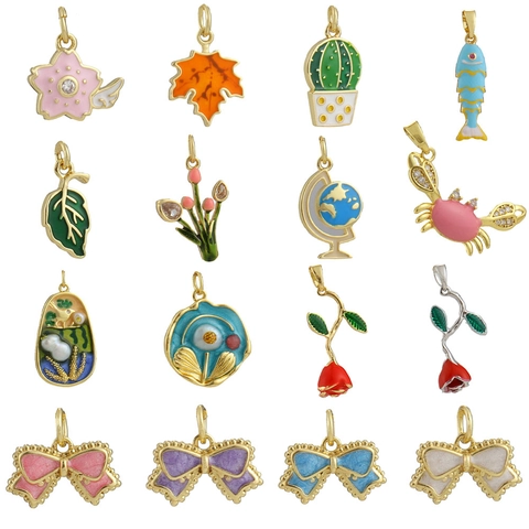 DIY Enamel Alloy Copper 18K Gold Plated Pendants Flower Cactus Leaf Fish Globe Jewelry Making Accessories For Women Necklace