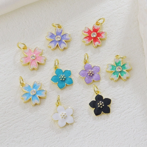 Copper Sakura Flower Pendant Charm With Rhinestone Enamel Drip Oil For DIY Necklace Bracelet Jewelry Making Women