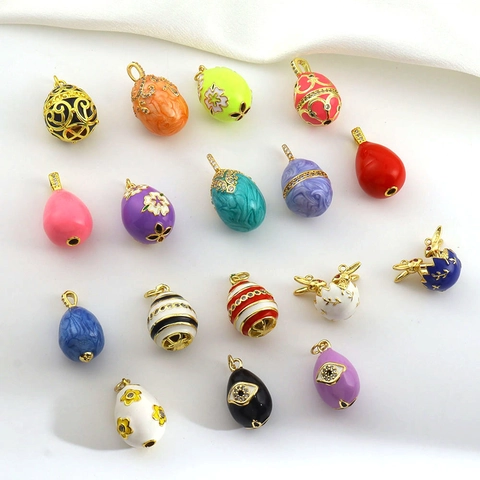 Vintage Russian Faberge Style Egg Pendant Alloy Gold Plated Enamel Evil Eye Floral Rhinestone DIY Jewelry Making Charms