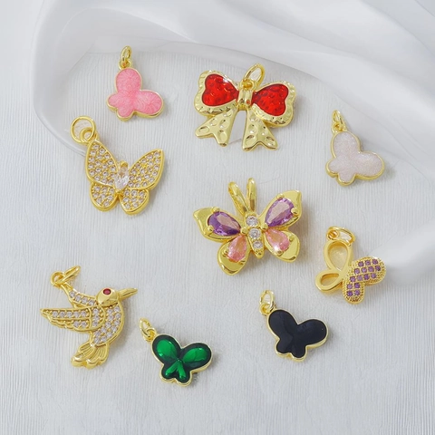 18K Gold Plated Copper Butterfly Hummingbird Bowknot Pendant For DIY Jewelry Making Zirconia Enamel Animal Charms Accessories