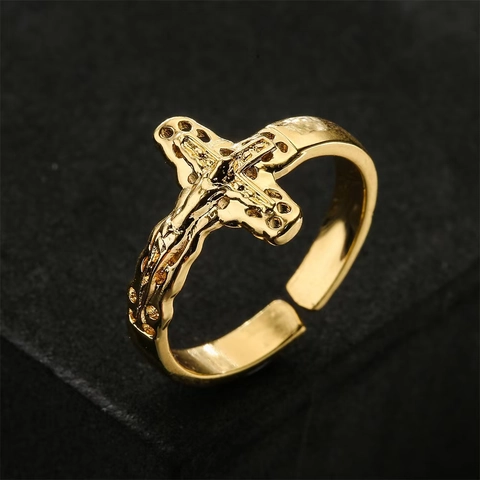 Anillo De Cruz De Cobre Bañado En Oro De 18K Ajustable Abierto Crucifijo Joyería Religiosa Gótica Para Hombres Mujeres