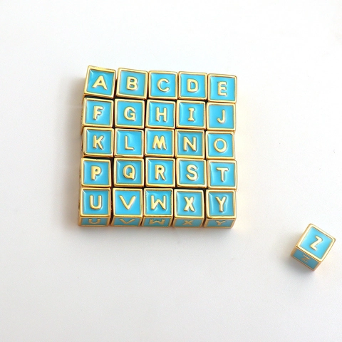 18K Gold Plated Copper Cube Alphabet Beads Light Blue Enamel Square Initial Letter Pendants For DIY Jewelry Making Crafts