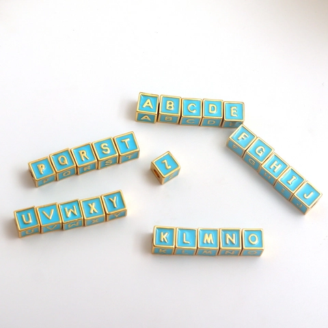 18K Gold Plated Copper Cube Alphabet Beads Light Blue Enamel Square Initial Letter Pendants For DIY Jewelry Making Crafts