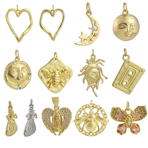 Western Fashion Copper 18K Gold Plated Heart Butterfly Bee Mythological Portrait Cassette DIY Jewelry Charm Pendants