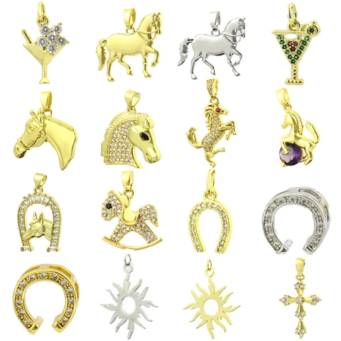 Copper 18K Gold Plated Pendant Horse Horseshoe Cross Sun Cocktail Glass DIY Necklace Bracelet Jewelry Accessory Rhinestone
