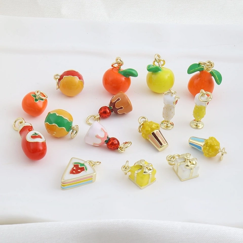 Breloques en Émail de Cuivre Plaqué Or 18K pour la Fabrication de Bijoux Pendentif Mignon Fruits Popcorn Pomme Gâteau DIY