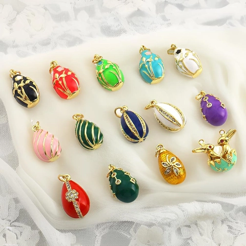 Faberge Style Russian Easter Egg Pendant Copper Enamel Rhinestone DIY Jewelry Making Charms For Necklace Bracelet Women Gift
