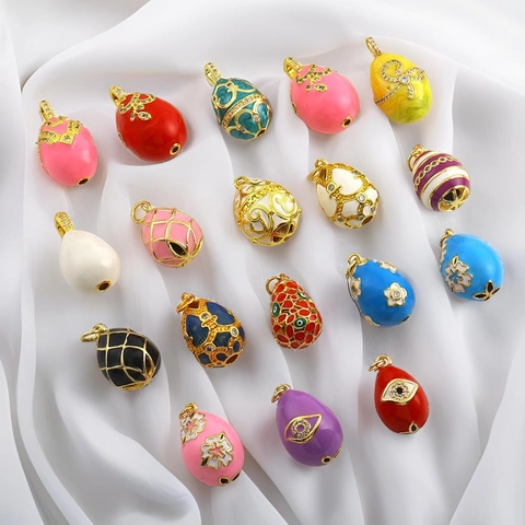Faberge Style Easter Egg Enamel Pendant Copper 18K Gold Plated Evil Eye Rhinestone Charm For DIY Necklace Bracelet Making