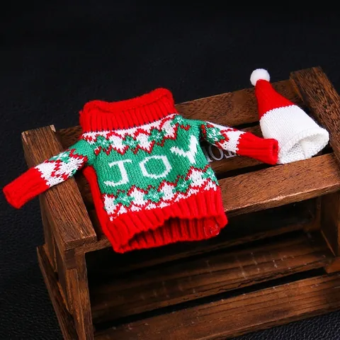 Housse de Bouteille de Vin Tricotée de Noël Ensemble Mini Pull Avec Chapeaux pour Décoration de Table de Dîner Renne Bonhomme de Neige