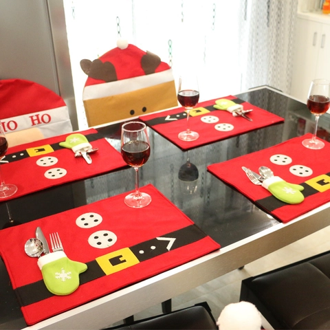 Weihnachten Weihnachtsmann Kostüm Tischset Mit Fäustling Besteckhalter Vliesstoff Rot Grün Tischmatte Für Home Party Hotel Deko