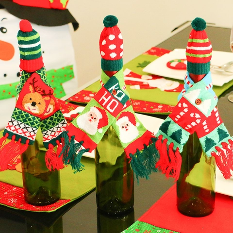 Christmas Wine Bottle Decoration Knitted Hat And Mini Scarf Festive Santa Reindeer Patterns For Holiday Party Table Decor