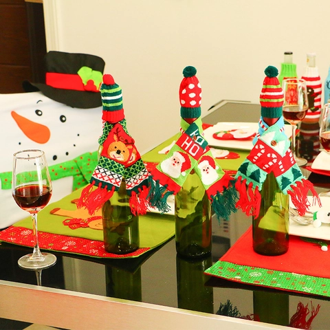 Christmas Wine Bottle Decoration Knitted Hat And Mini Scarf Festive Santa Reindeer Patterns For Holiday Party Table Decor