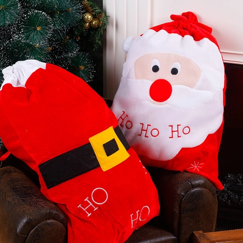 Grande Sacchetto Regalo di Natale in Velluto Dorato Ricamato Babbo Natale Design a Cintura Ho Ho Ho Sacca con Coulisse Festiva