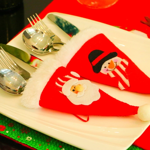 Sacca per Posate a Forma di Cappello di Natale Con Babbo Natale e Pupazzo di Neve per Tavola delle Feste Decorazione