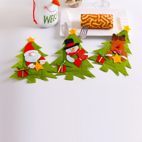 Porta Cubiertos con Forma de Árbol de Navidad Tela No Tejida Bolsa de Cubiertos Patrón de Papá Noel Muñeco de Nieve Reno