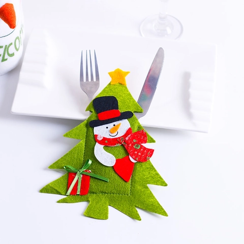 Porta Cubiertos con Forma de Árbol de Navidad Tela No Tejida Bolsa de Cubiertos Patrón de Papá Noel Muñeco de Nieve Reno