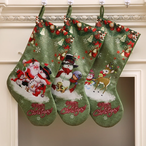Calza di Natale Verde Stampata Grande Effetto Lino Sacchetto Regalo Decorativo da Appendere al Camino Babbo Natale Pupazzo di Neve Renna