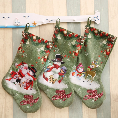 Calza di Natale Verde Stampata Grande Effetto Lino Sacchetto Regalo Decorativo da Appendere al Camino Babbo Natale Pupazzo di Neve Renna