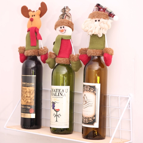 Christmas Wine Bottle Covers Decorative Cloth Sleeves Santa Snowman Reindeer Cartoon Shapes Holiday Party Table Decor