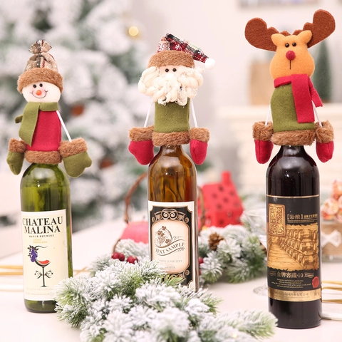 Christmas Wine Bottle Covers Decorative Cloth Sleeves Santa Snowman Reindeer Cartoon Shapes Holiday Party Table Decor