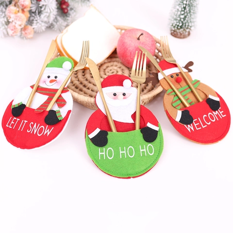 Creative Christmas Cartoon Cutlery Holder Set Non-Woven Fabric Santa Claus Snowman Reindeer Tableware Bag For Dining Table Decor