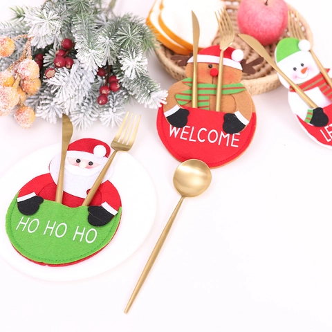 Creative Christmas Cartoon Cutlery Holder Set Non-Woven Fabric Santa Claus Snowman Reindeer Tableware Bag For Dining Table Decor