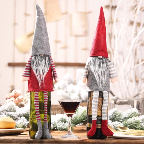 Christmas Gnome Wine Bottle Cover Festive Swedish Tomte Wine Bottle Topper With Hanging Legs For Party Holiday Dining Decor