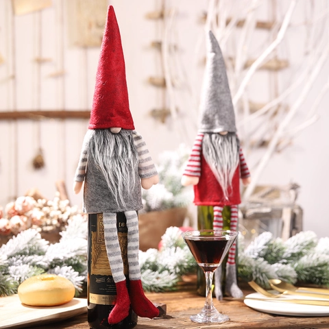Christmas Gnome Wine Bottle Cover Festive Swedish Tomte Wine Bottle Topper With Hanging Legs For Party Holiday Dining Decor