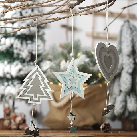 Nordic Minimalist Wooden Christmas Pendant Ornaments Hollow Layered Tree Star Heart Shape Hanging Decoration For Xmas Home Party
