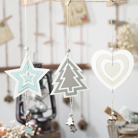 Nordic Minimalist Wooden Christmas Pendant Ornaments Hollow Layered Tree Star Heart Shape Hanging Decoration For Xmas Home Party