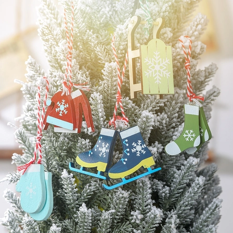 Adornos Colgantes Madera Navidad Pintados Copo Nieve Patines Guantes Suéter Calcetín Trineo Estilo Nórdico Decoración Árbol