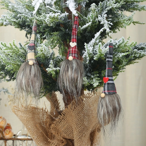 Pendentif de Gnome de Noël avec Chapeau à Carreaux Poupée sans Visage Décoration de Noël pour Sapin Fête Maison Décor