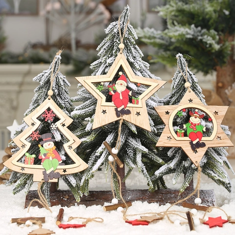 Hohl Weihnachtshänger Aus Holz Retro Bemalt Weihnachtsmann Schneemann Rentier Muster Stern Baum Feiertag Zuhause Dekorationen