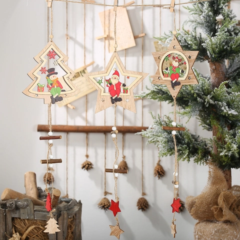 Hohl Weihnachtshänger Aus Holz Retro Bemalt Weihnachtsmann Schneemann Rentier Muster Stern Baum Feiertag Zuhause Dekorationen