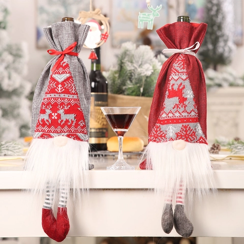 Christmas Gnome Wine Bottle Cover Nordic Reindeer Snowflake Pattern Burlap Knit Bottle Bag For Dining Table Decor Gift