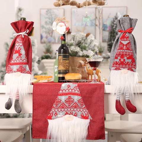 Funda para Botella de Vino de Gnomo de Navidad Patrón de Reno Copo de Nieve Bolsa para Decoración de Mesa Regalo