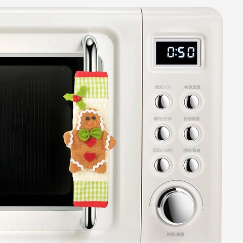 Gingerbread Man Christmas Handle Covers Kitchen Appliance Protective Sleeves Checkered Fabric Decorative Microwave Oven Covers
