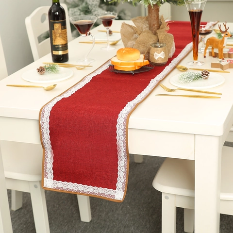 Christmas Burlap Table Runner With White Lace Trim Red Natural Linen Table Cloth For Holiday Dining Party Table Decoration